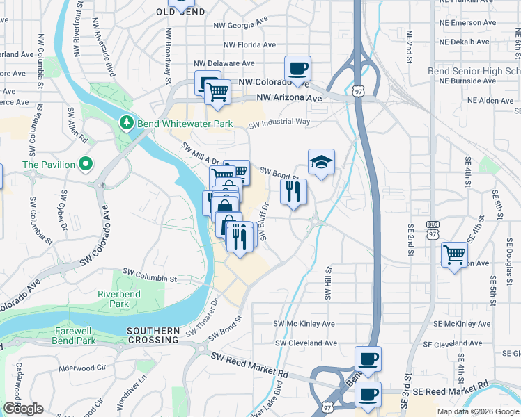 map of restaurants, bars, coffee shops, grocery stores, and more near 400 Southwest Bluff Drive in Bend