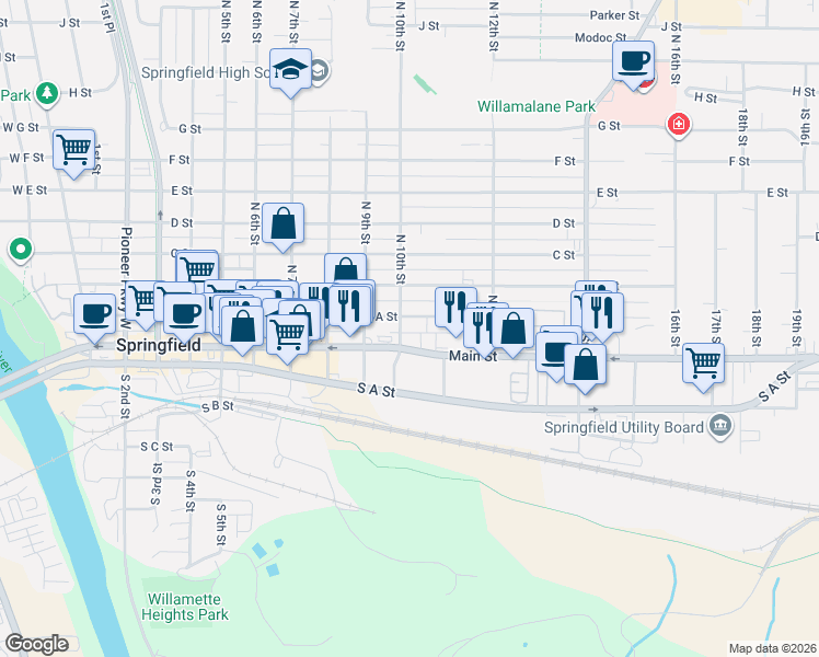 map of restaurants, bars, coffee shops, grocery stores, and more near 1001 Main Street in Springfield