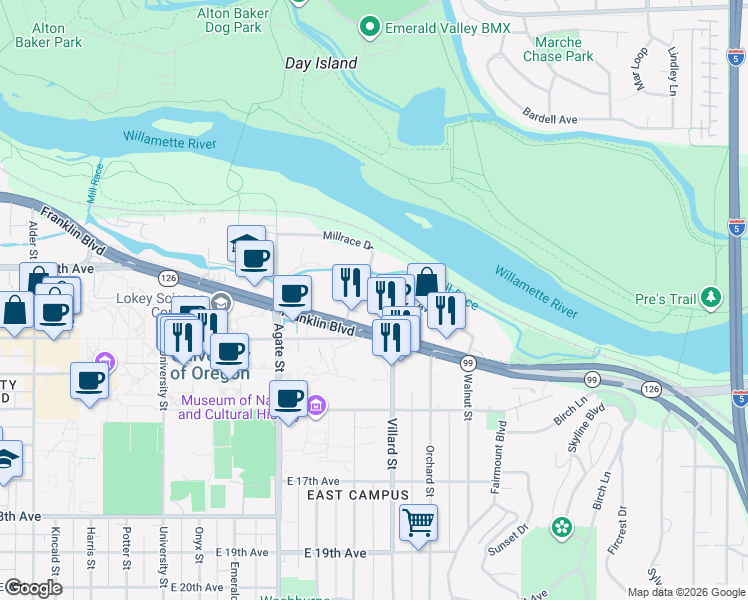 map of restaurants, bars, coffee shops, grocery stores, and more near 1857 Franklin Boulevard in Eugene