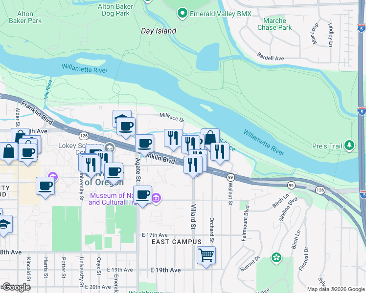 map of restaurants, bars, coffee shops, grocery stores, and more near 1857 Franklin Boulevard in Eugene