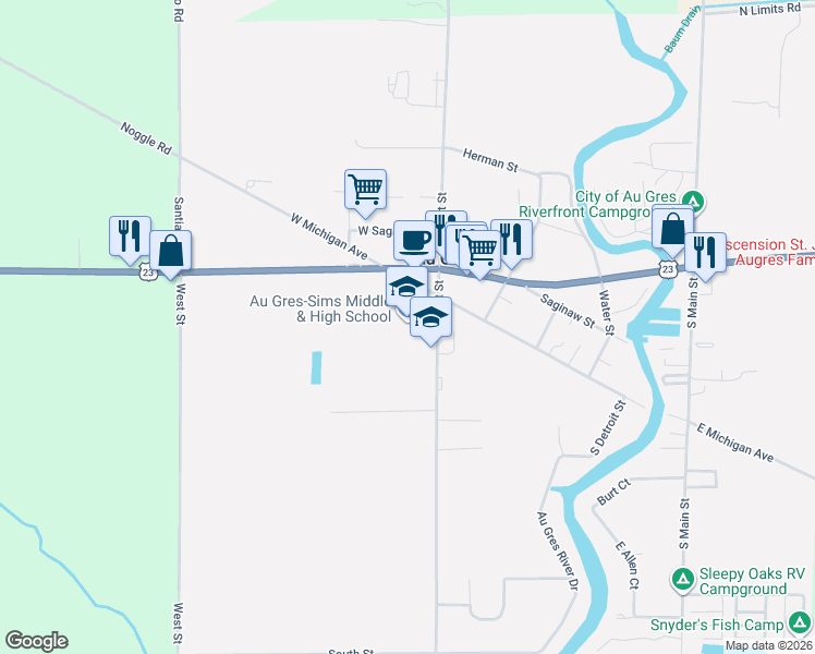 map of restaurants, bars, coffee shops, grocery stores, and more near 200-310 South Court Street in Au Gres