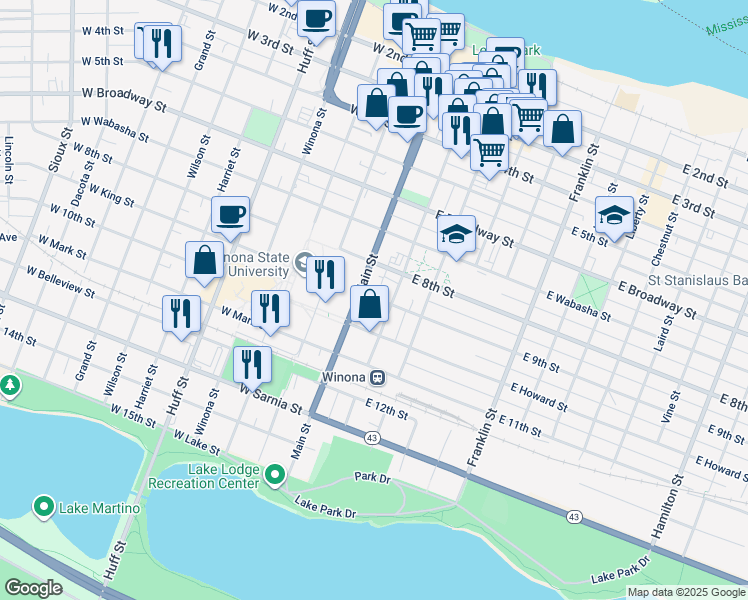 map of restaurants, bars, coffee shops, grocery stores, and more near 68 West Howard Street in Winona