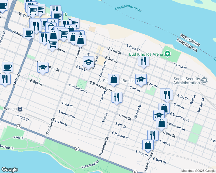 map of restaurants, bars, coffee shops, grocery stores, and more near 452 East Broadway Street in Winona