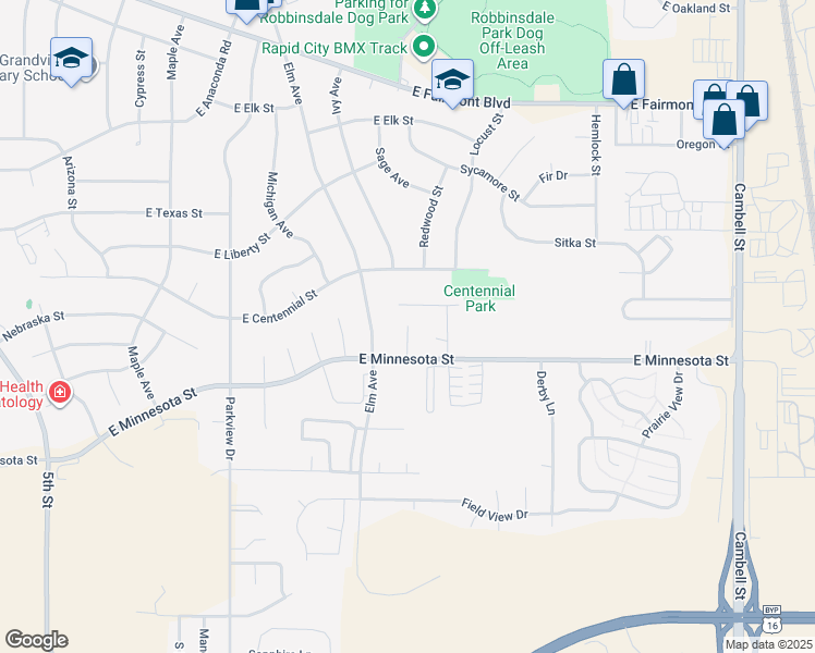 map of restaurants, bars, coffee shops, grocery stores, and more near 4099 Minnesota Place in Rapid City