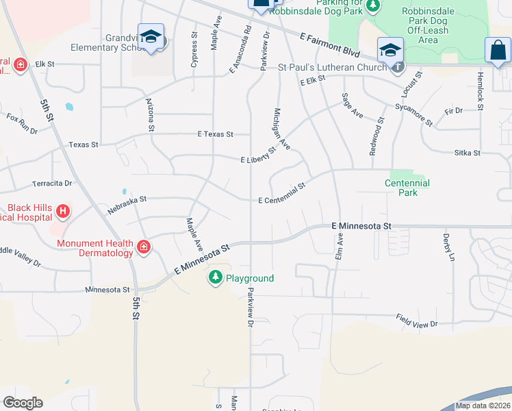 map of restaurants, bars, coffee shops, grocery stores, and more near 3919 Parkview Drive in Rapid City