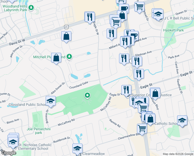 map of restaurants, bars, coffee shops, grocery stores, and more near 123 Crossland Gate in Newmarket