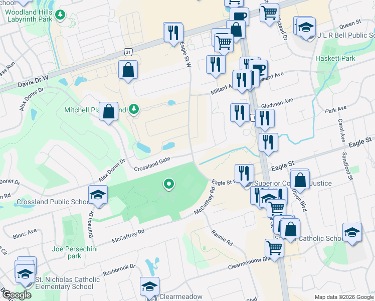 map of restaurants, bars, coffee shops, grocery stores, and more near 123 Crossland Gate in Newmarket
