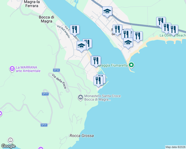 map of restaurants, bars, coffee shops, grocery stores, and more near Via Santa Croce in Bocca di Magra