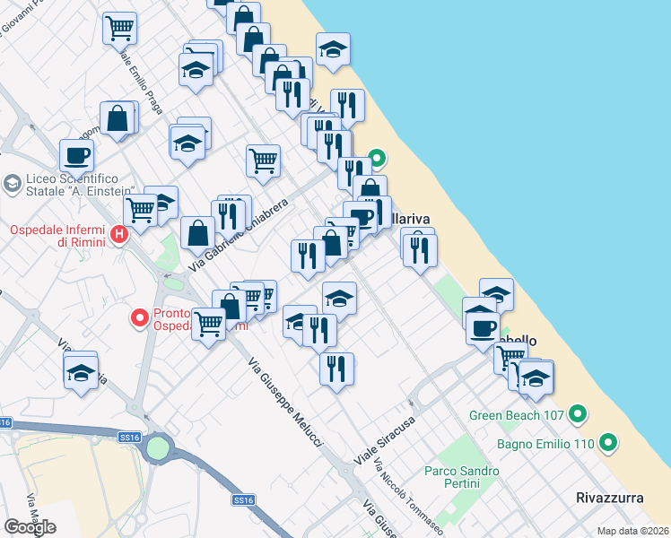 map of restaurants, bars, coffee shops, grocery stores, and more near 1 Viale Pesaro in Rimini