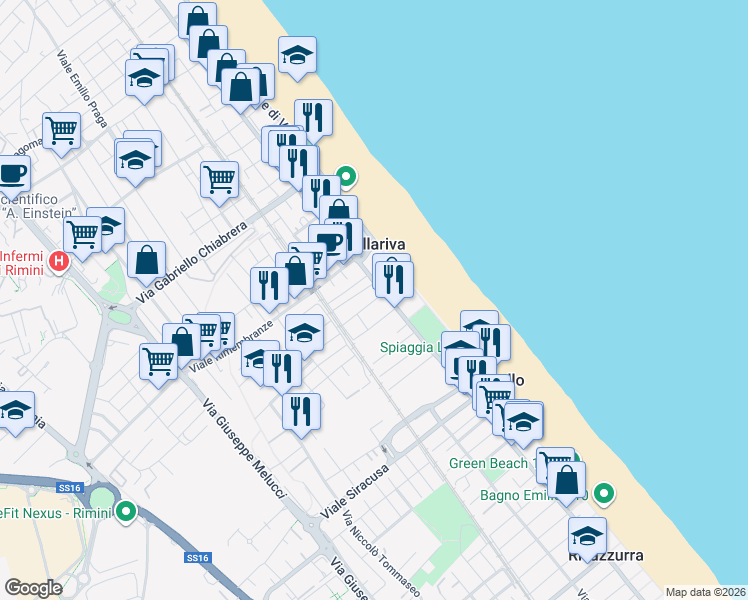 map of restaurants, bars, coffee shops, grocery stores, and more near 5 Viale Bertinoro in Rimini