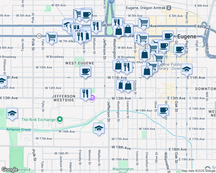 map of restaurants, bars, coffee shops, grocery stores, and more near 1108 Jefferson Street in Eugene