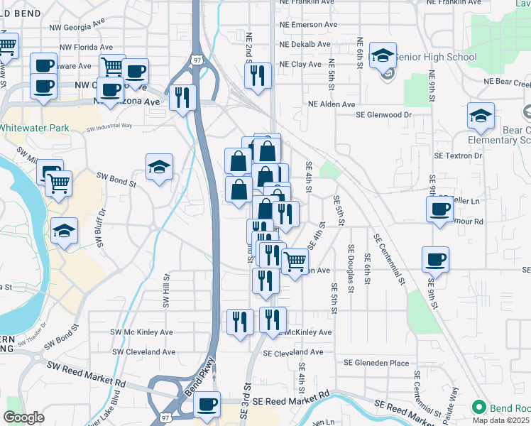 map of restaurants, bars, coffee shops, grocery stores, and more near 210 Southeast Urania Lane in Bend
