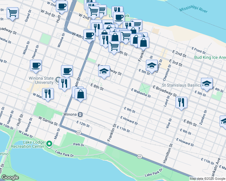 map of restaurants, bars, coffee shops, grocery stores, and more near 178 East 8th Street in Winona