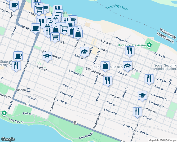 map of restaurants, bars, coffee shops, grocery stores, and more near 373 East Broadway Street in Winona