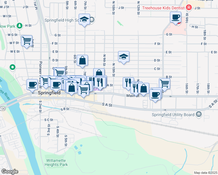 map of restaurants, bars, coffee shops, grocery stores, and more near 225 9th Street in Springfield