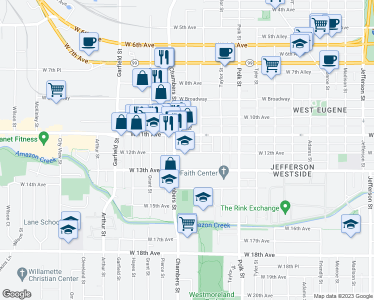 map of restaurants, bars, coffee shops, grocery stores, and more near 1605 West 12th Avenue in Eugene