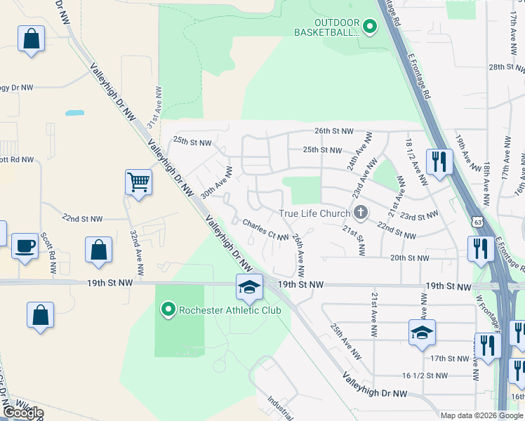map of restaurants, bars, coffee shops, grocery stores, and more near 2316 Hampton Rhodes Court Northwest in Rochester