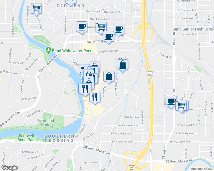 map of restaurants, bars, coffee shops, grocery stores, and more near 205 Southwest Log Court in Bend
