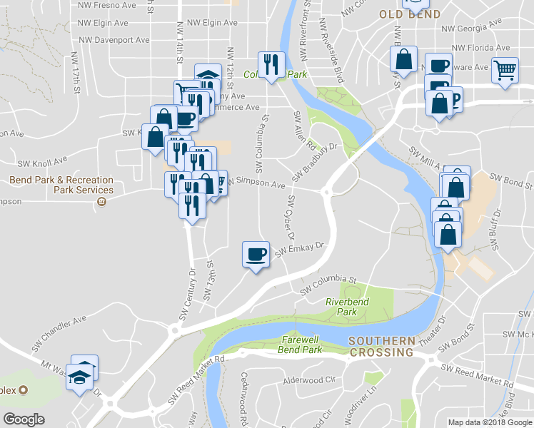 map of restaurants, bars, coffee shops, grocery stores, and more near 340 Southwest Columbia Street in Bend
