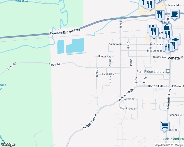 map of restaurants, bars, coffee shops, grocery stores, and more near 24705 Parkside Drive in Veneta