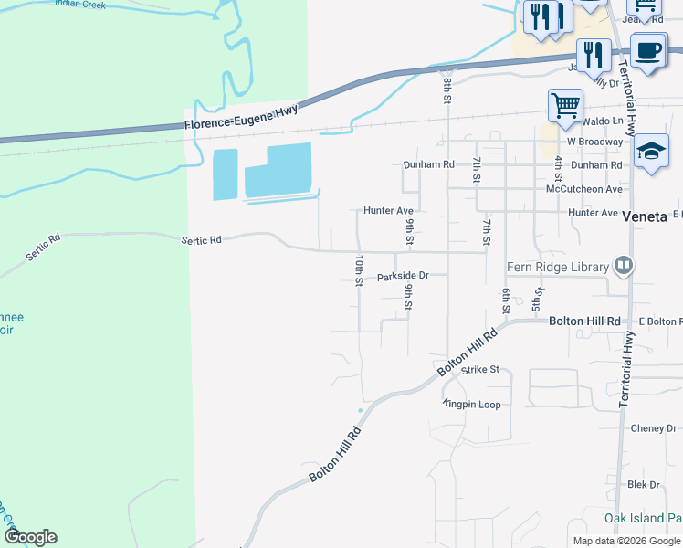 map of restaurants, bars, coffee shops, grocery stores, and more near 24705 Parkside Drive in Veneta