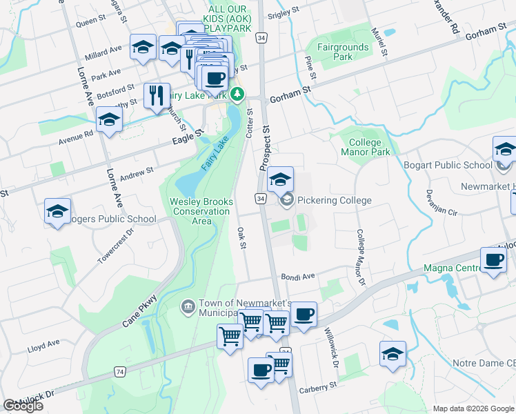 map of restaurants, bars, coffee shops, grocery stores, and more near 16948 Bayview Avenue in Newmarket