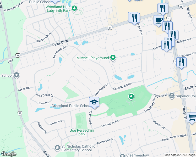 map of restaurants, bars, coffee shops, grocery stores, and more near 228 Reg Harrison Trail in Newmarket