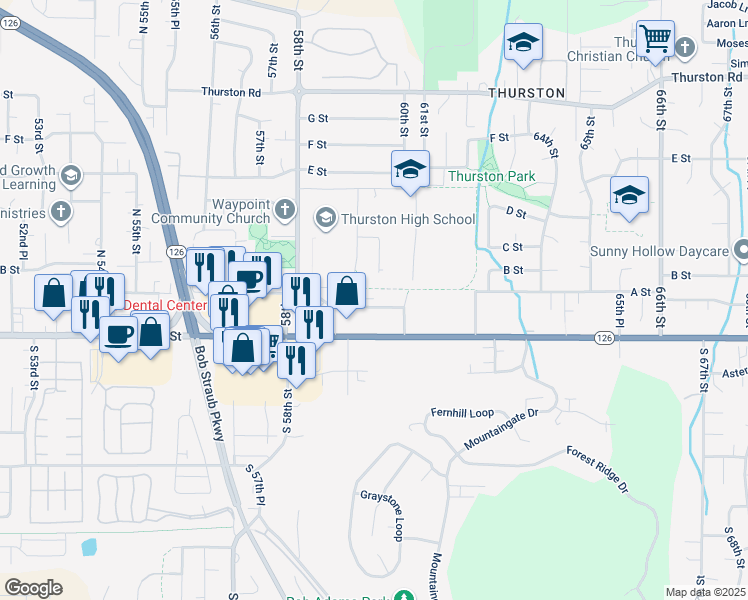 map of restaurants, bars, coffee shops, grocery stores, and more near 5998 A Street in Springfield