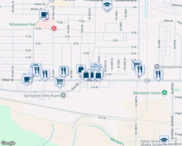 map of restaurants, bars, coffee shops, grocery stores, and more near 244 20th Street in Springfield