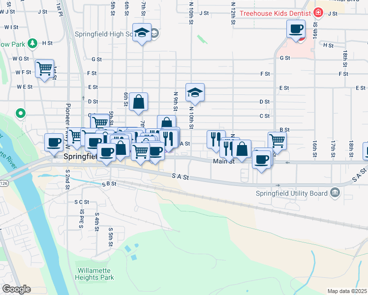 map of restaurants, bars, coffee shops, grocery stores, and more near 225 9th Street in Springfield