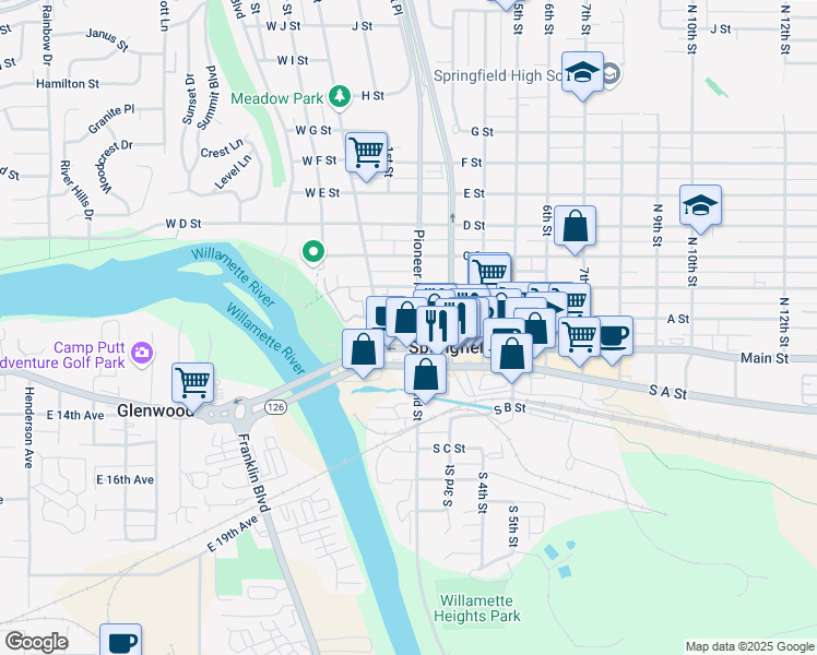 map of restaurants, bars, coffee shops, grocery stores, and more near 195 B Street in Springfield