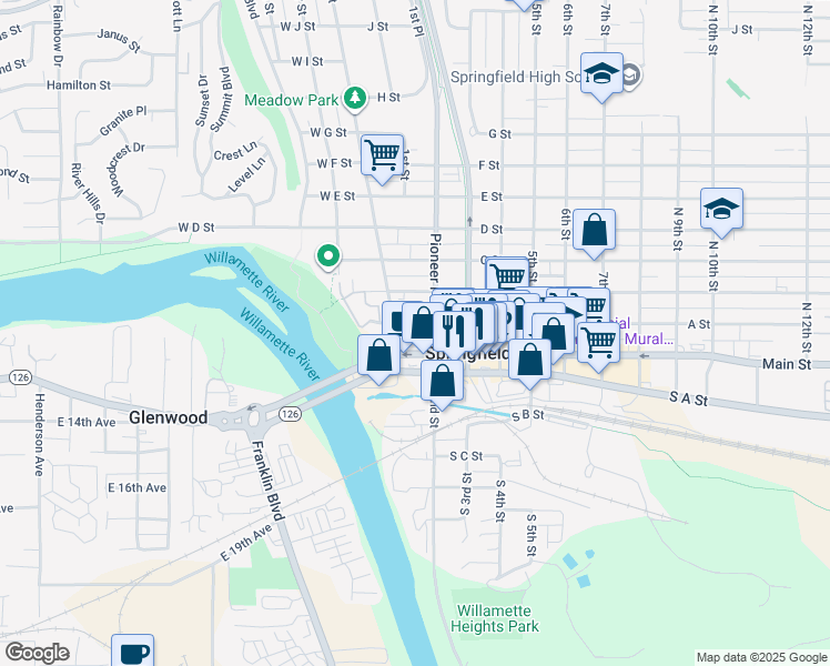 map of restaurants, bars, coffee shops, grocery stores, and more near 195 B Street in Springfield