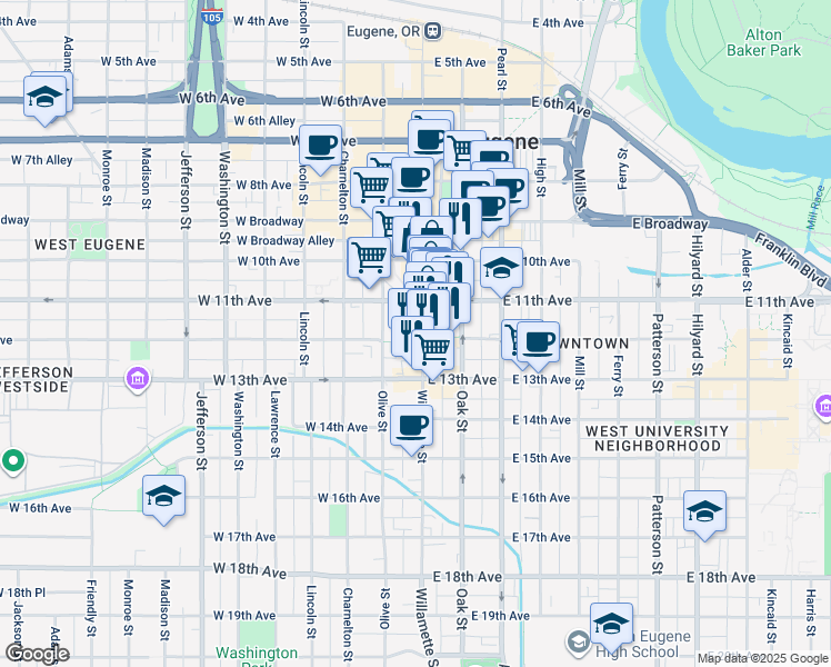 map of restaurants, bars, coffee shops, grocery stores, and more near 1100 Willamette Street in Eugene