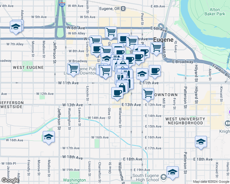 map of restaurants, bars, coffee shops, grocery stores, and more near 1100 Willamette Street in Eugene