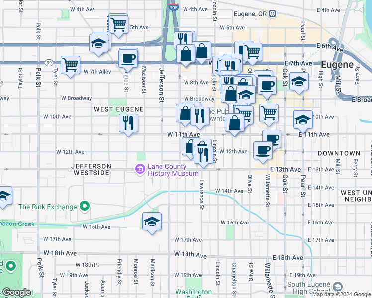 map of restaurants, bars, coffee shops, grocery stores, and more near 1104 Washington Street in Eugene
