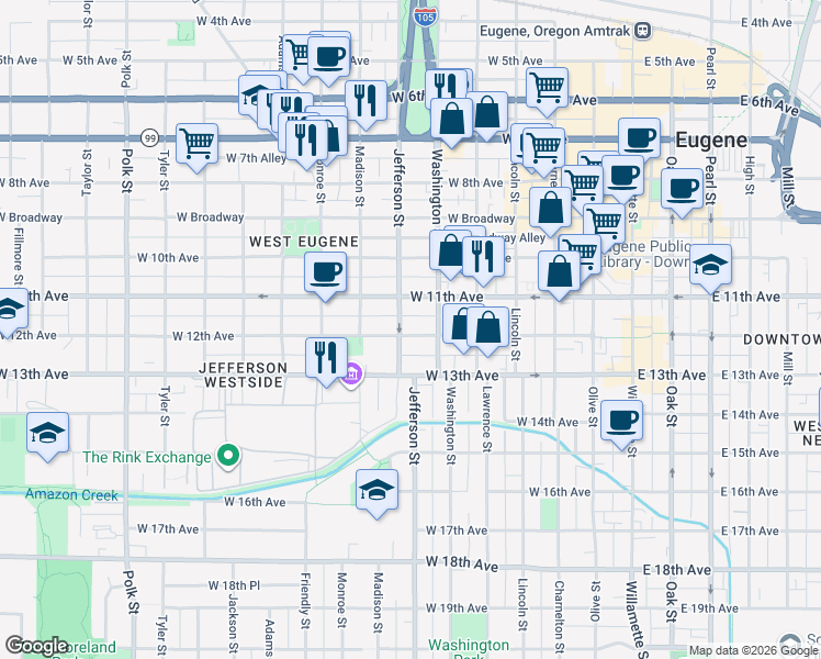 map of restaurants, bars, coffee shops, grocery stores, and more near 1108 Jefferson Street in Eugene