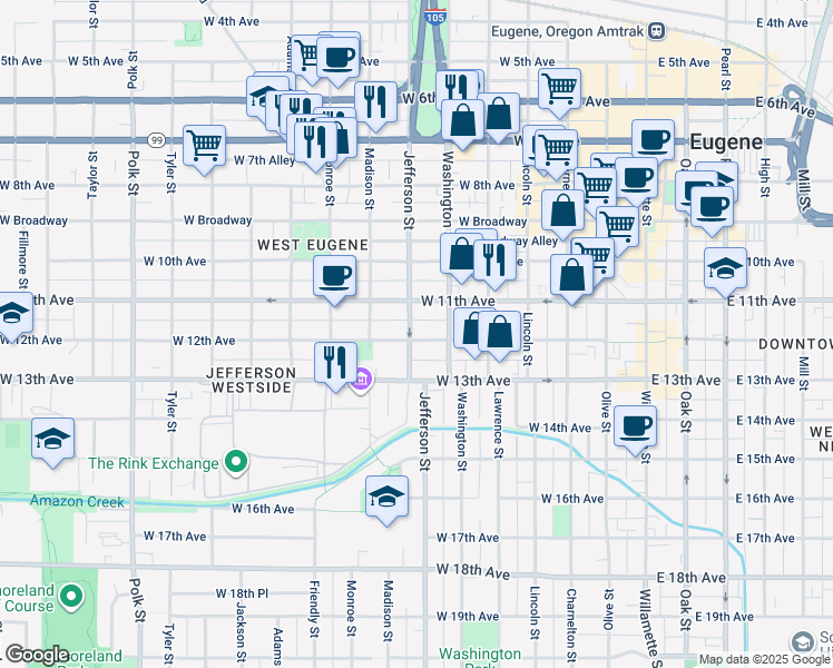 map of restaurants, bars, coffee shops, grocery stores, and more near 1108 Jefferson Street in Eugene