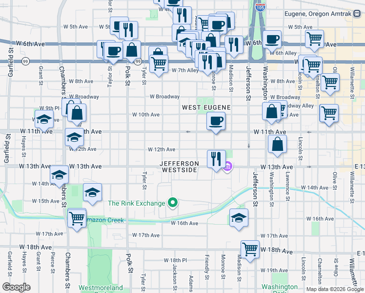 map of restaurants, bars, coffee shops, grocery stores, and more near 1106 Jackson Street in Eugene