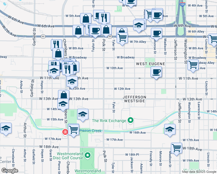 map of restaurants, bars, coffee shops, grocery stores, and more near 1114 Polk Street in Eugene