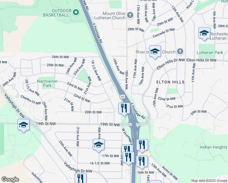 map of restaurants, bars, coffee shops, grocery stores, and more near 2227 18th Avenue Northwest in Rochester