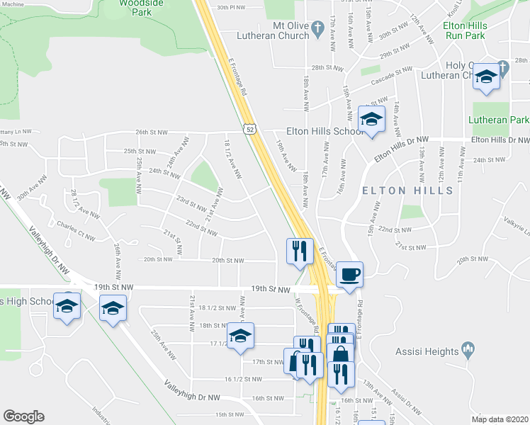 map of restaurants, bars, coffee shops, grocery stores, and more near 1844 24th Street Northwest in Rochester
