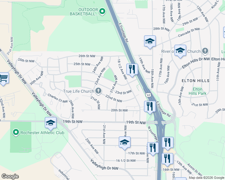 map of restaurants, bars, coffee shops, grocery stores, and more near 2108 24th Street Northwest in Rochester