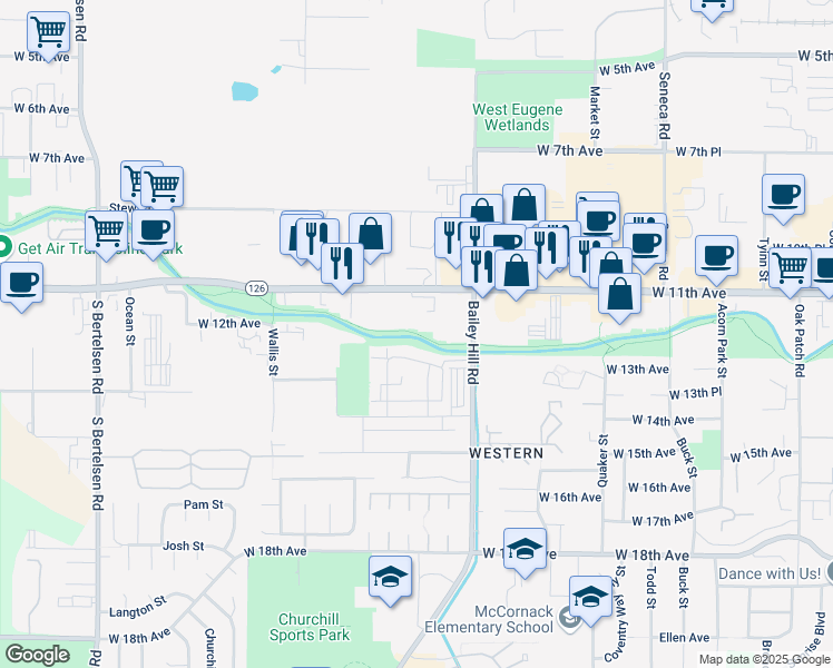 map of restaurants, bars, coffee shops, grocery stores, and more near Fern Ridge Trail in Eugene