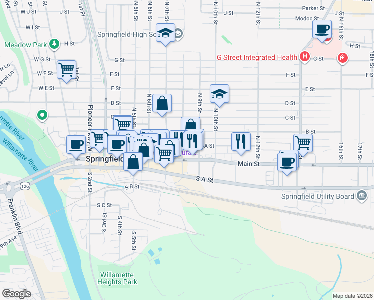 map of restaurants, bars, coffee shops, grocery stores, and more near 807 A Street in Springfield