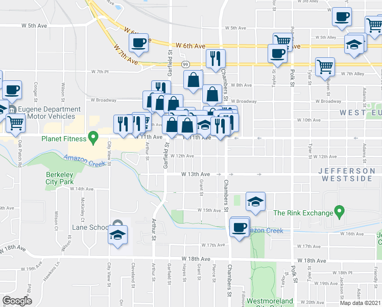 map of restaurants, bars, coffee shops, grocery stores, and more near 1162 Grant Alley in Eugene