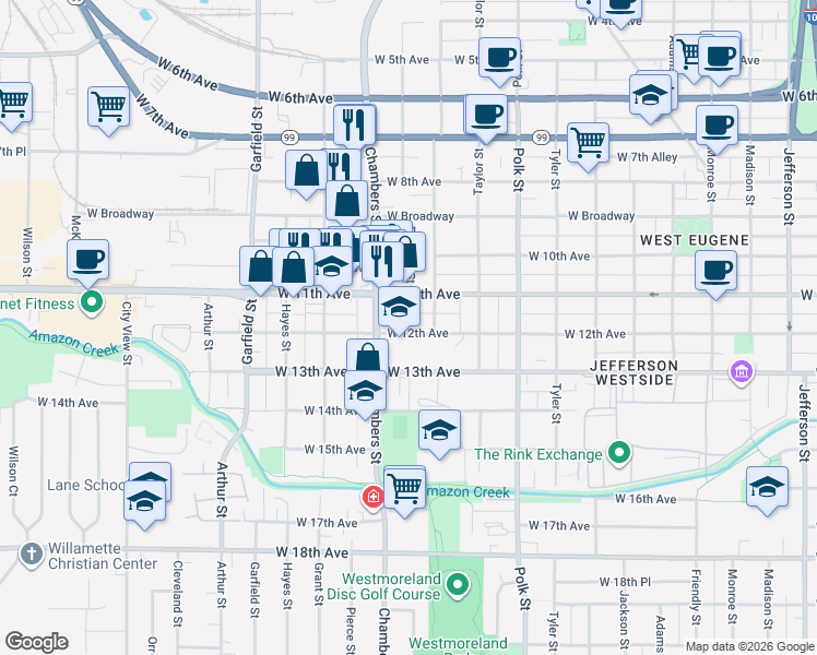 map of restaurants, bars, coffee shops, grocery stores, and more near 1595 West 12th Avenue in Eugene