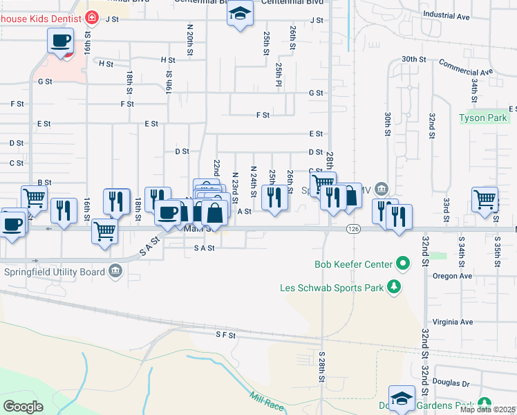 map of restaurants, bars, coffee shops, grocery stores, and more near 211 North 24th Street in Springfield