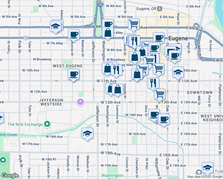 map of restaurants, bars, coffee shops, grocery stores, and more near 423 West 12th Avenue in Eugene