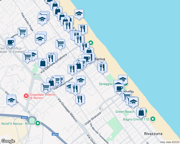 map of restaurants, bars, coffee shops, grocery stores, and more near 2 Via Briga in Rimini