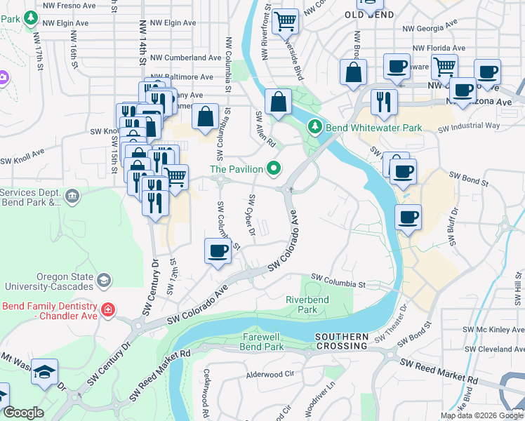 map of restaurants, bars, coffee shops, grocery stores, and more near 951 Southwest Simpson Avenue in Bend